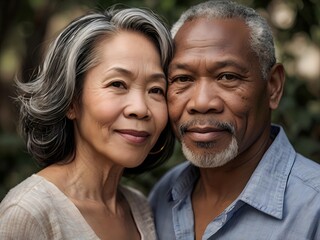 Portrait of a couple of black man from Africa and white woman from Asia, individuals of different races