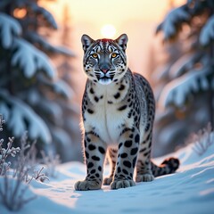 Fototapeta premium Majestic Snow Leopard in Winter Landscapes at Sunset - Stunning Wildlife Photography Capturing Elusive Panthera Uncia in Snowy Mountain Habitat