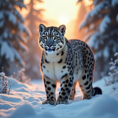Fototapeta premium Majestic Snow Leopard in Winter Landscapes at Sunset - Stunning Wildlife Photography Capturing Elusive Panthera Uncia in Snowy Mountain Habitat
