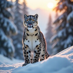 Fototapeta premium Majestic Snow Leopard in Winter Landscapes at Sunset - Stunning Wildlife Photography Capturing Elusive Panthera Uncia in Snowy Mountain Habitat
