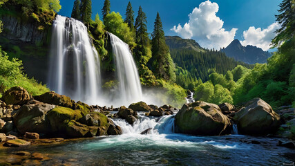 waterfall in the forest landscape natural scenery wallpaper background