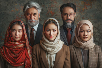 Fototapeta premium Diverse faces, 35 years old, styled as business people, with chinese, malay, indian and caucasian faces in that order.generative ai