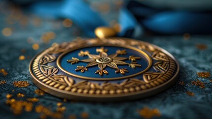Close-up of a Gold Medal with a Blue and Gold Design