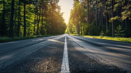 Fototapeta premium A Straight Road Through a Lush Forest at Sunset