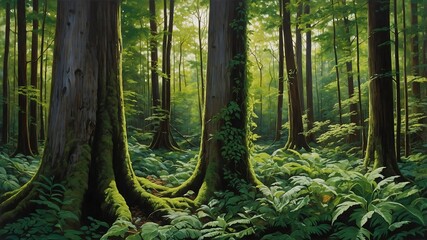 Fototapeta premium Lush green fern in a vibrant forest jungle setting with trees and moss