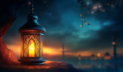 Fototapeta premium Eid Mubarak and Ramadan Kareem greetings with an Islam crescent, lantern, mosque bokeh background