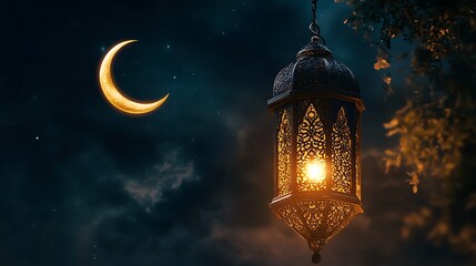 Eid Mubarak and Ramadan Kareem greetings with an Islam crescent, lantern, mosque bokeh background