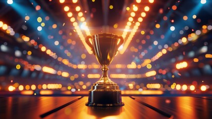 A Golden Trophy on a Stage with Spotlights and Bokeh