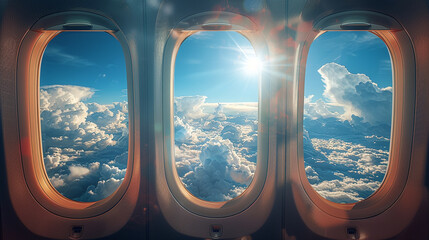 Golden sunset sky and clouds seen through airplane window.