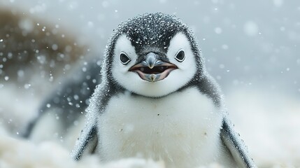 Obraz premium Happy Penguin Chick Enjoying a Snowfall, Surrounded by Falling Snowflakes