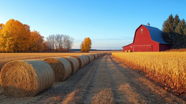 Expansive Countryside Scene with Hay Bales and a Red Barn during Autumn Sunset, Crisp Blue Sky, Fields of Gold