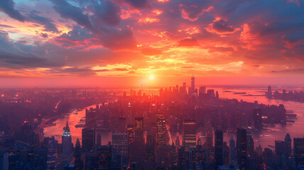 Obraz premium super busy city bird view, epic energy, sunrise light.generative ai