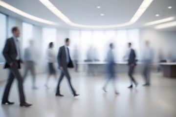 Blurred image of people walking through an office.