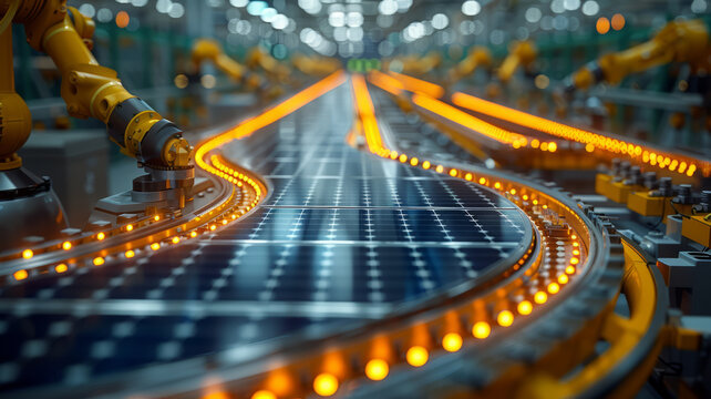 Solar panel placed on conveyor belt, operated by automatized robot arm, moving around facility,generative ai