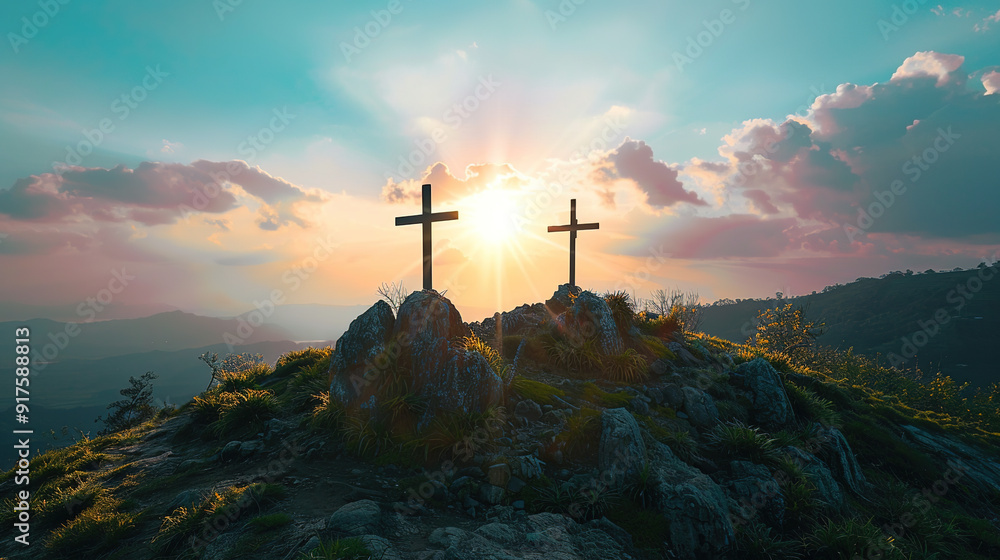 Wall mural sunset mountain cross