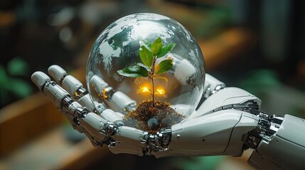 A tiny seedling develops inside the delicately cradled crystal earth globe by a future robot hand, signifying environmental preservation and sustainable technology.