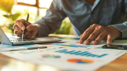 A professional analyzes charts and data on a laptop while taking notes, reflecting a modern workspace environment.