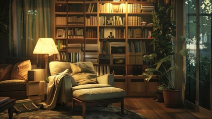 Cozy reading nook featuring a comfortable chair, bookshelf, and warm lighting, perfect for relaxation and enjoyment of literature.