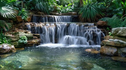 Naklejka premium A serene tropical waterfall cascades into a clear pool, surrounded by lush green foliage and vibrant plants, creating a peaceful oasis.