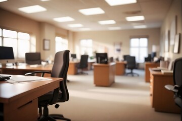 Empty office desk with a black chair in a modern office setting.