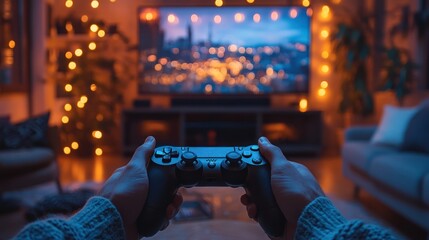 Close-up of business man hands sign with joystick gaming with blurred background with tv in living room