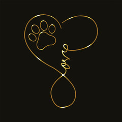 Neon paw print with heart. Pet love. Dog love. Line art. Glowing neon line. Isolated on black background. Dog - friend of human. Animal charity. Pet rescue and adoption. Animal care. Pet affection. 
