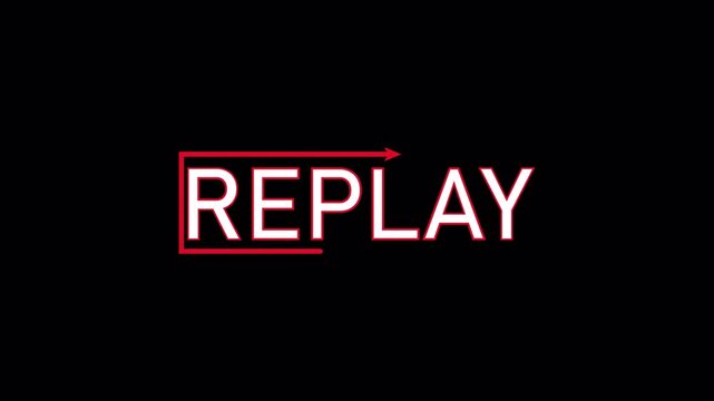 Replay animation on black background, animated replay text sign,  replay animation  with arrow.