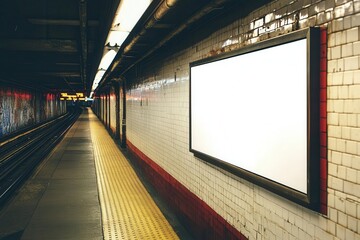 Empty subway station with a blank billboard waiting for advertisements. Well-lit and clean underground train platform.