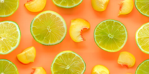 Fototapeta premium Seamless Abstract Colorful Flat Lay of Different Cut Lime, Citrus Fruits Slices, and Jellies Arranged in a Pattern Print for Textile, Packaging, Banner, Decor, Wrap, Fashion, Accessories, Web, Social.