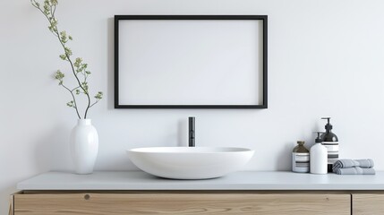 Stylish sink above bright countertop in modern bathroom