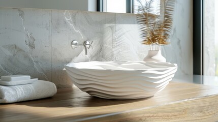 Stylish sink above bright countertop in modern bathroom