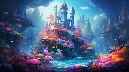 Fototapeta premium Underwater Fantasy Realm with Castle and Coral Reef