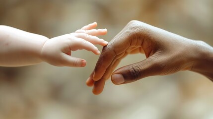 A tender moment captured as an adult hand gently reaches out to touch a baby's hand, symbolizing love, care, and the bond between parent and child