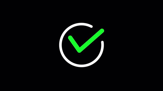 green check mark icon with circle animated on black background animation,  green tick mark animation with white circle.