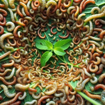 A group of silkworms are eating mulberry leaves for growth