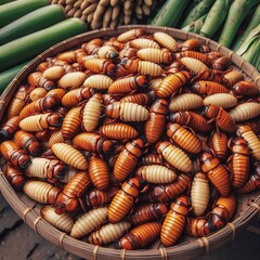 Traditional Thai dessert featuring dried roasted larvas