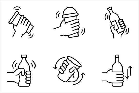 shake the bottle well, shaker icon set, hand holding drink, vector illustration on white background