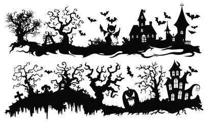 Set of 2 isolated Halloween decorations in silhouette illustration style of Jack o'lantern, bat, haunted house and tree and graveyard on transparent background. Volume 5.