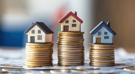 Real estate market growth and property value, with small houses standing on top stacks of coins, against blurred green background
