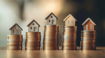 Real estate market growth and property value, with small houses standing on top stacks of coins, against blurred green background