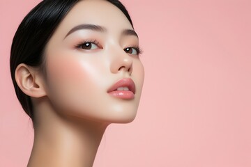 Captivating Asian Woman with Flawless Skin and Natural Makeup in Serene Pink Studio