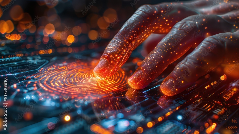 Poster close-up of a hand interacting with a glowing fingerprint scanner, representing biometric authentica