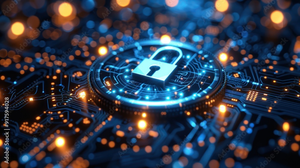 Poster digital padlock icon is surrounded by concentric circles and abstract circuitry, symbolizing cyberse