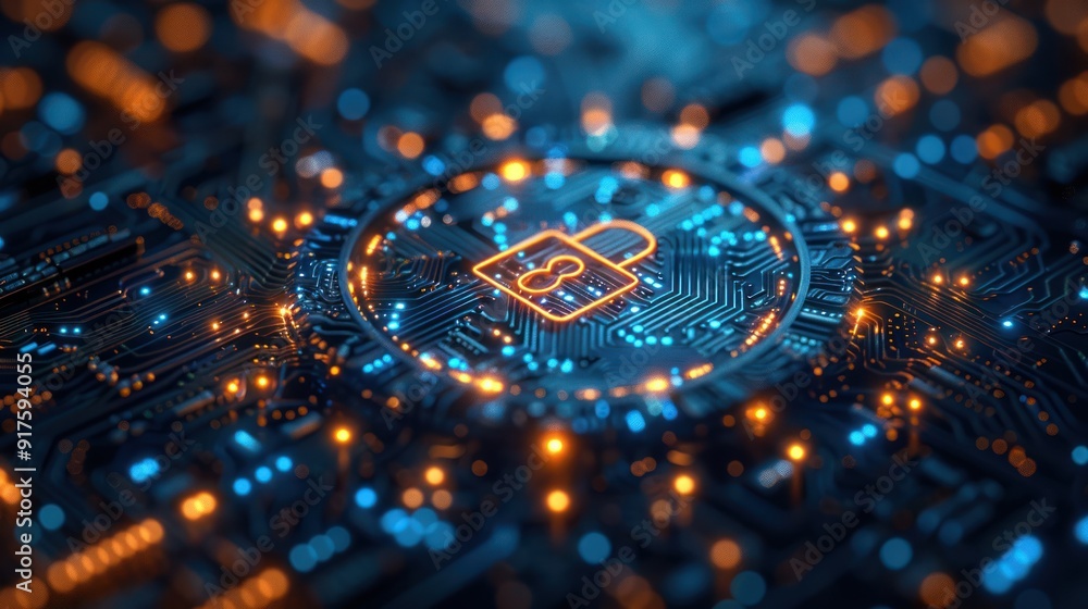 Poster digital padlock icon is surrounded by concentric circles and abstract circuitry, symbolizing cyberse