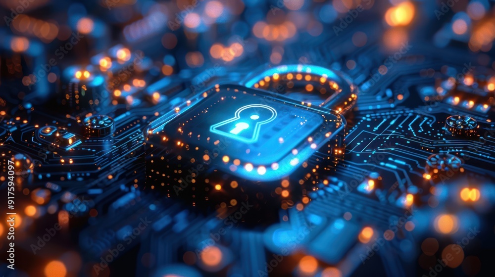 Poster digital padlock icon is surrounded by concentric circles and abstract circuitry, symbolizing cyberse