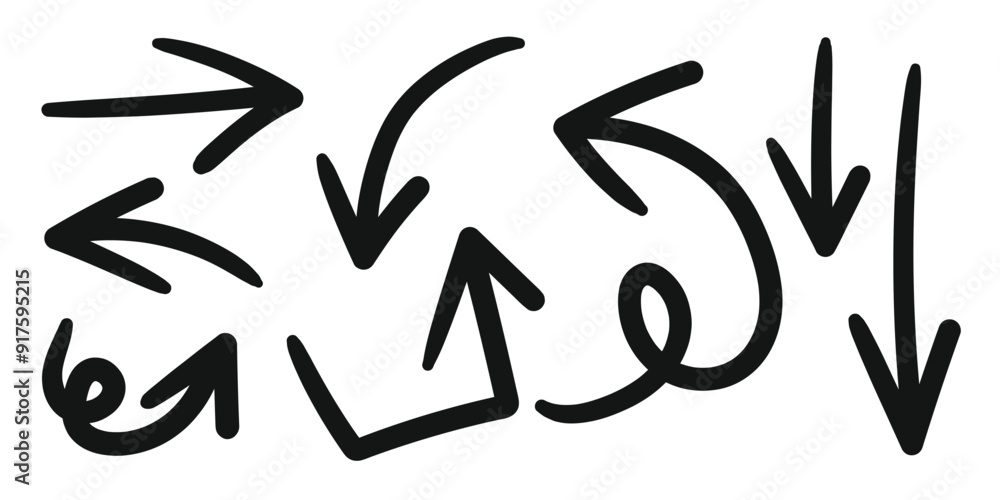 Poster hand drawn arrow mark icons vector. scribble doodle underline emphasis line shape set. brush stroke 