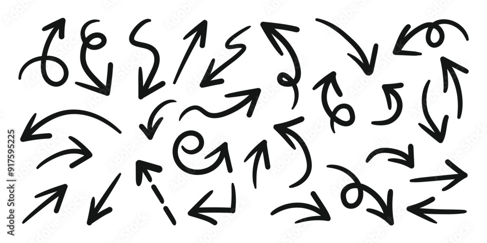 Fototapete hand drawn arrow mark icons vector. scribble doodle underline emphasis line shape set. brush stroke 