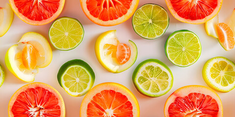 Seamless Abstract Colorful Flat Lay of Different Cut Lime, Citrus Fruits Slices, and Jellies Arranged in a Pattern Print for Textile, Packaging, Banner, Decor, Wrap, Fashion, Accessories, Web, Social.