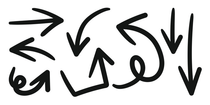 Hand drawn arrow mark icons vector. Scribble doodle underline emphasis line shape set. brush stroke highlight speech bubble cloud sparkle arrow element in childish drawing style.