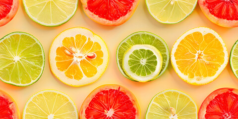 Fototapeta premium Seamless Abstract Colorful Flat Lay of Different Cut Lime, Citrus Fruits Slices, and Jellies Arranged in a Pattern Print for Textile, Packaging, Banner, Decor, Wrap, Fashion, Accessories, Web, Social.